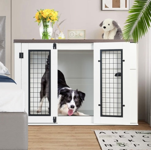 Elegant Dual-Door Wooden Dog Crate