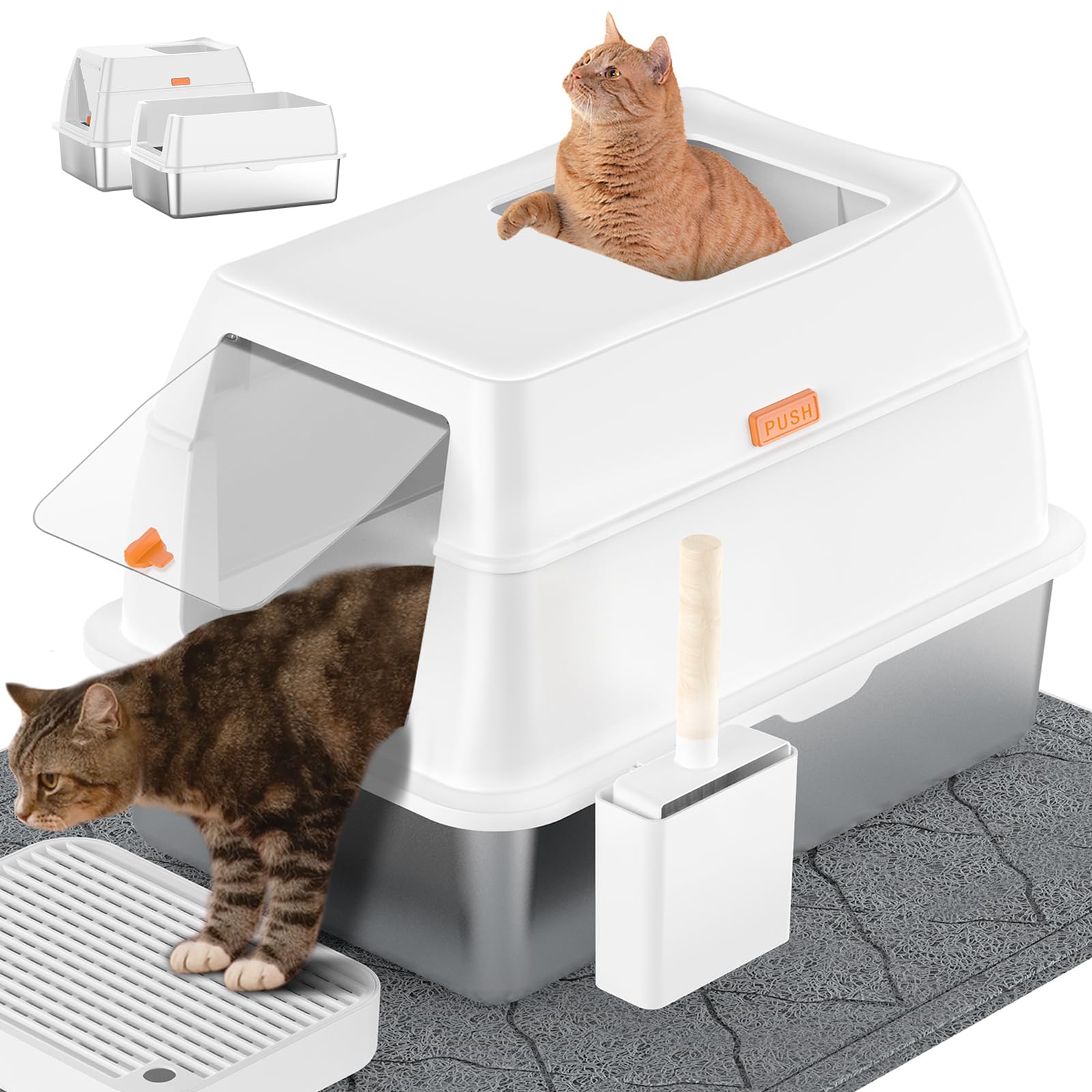 Extra Large Stainless Steel Cat Litter Box with Lid and Mat
