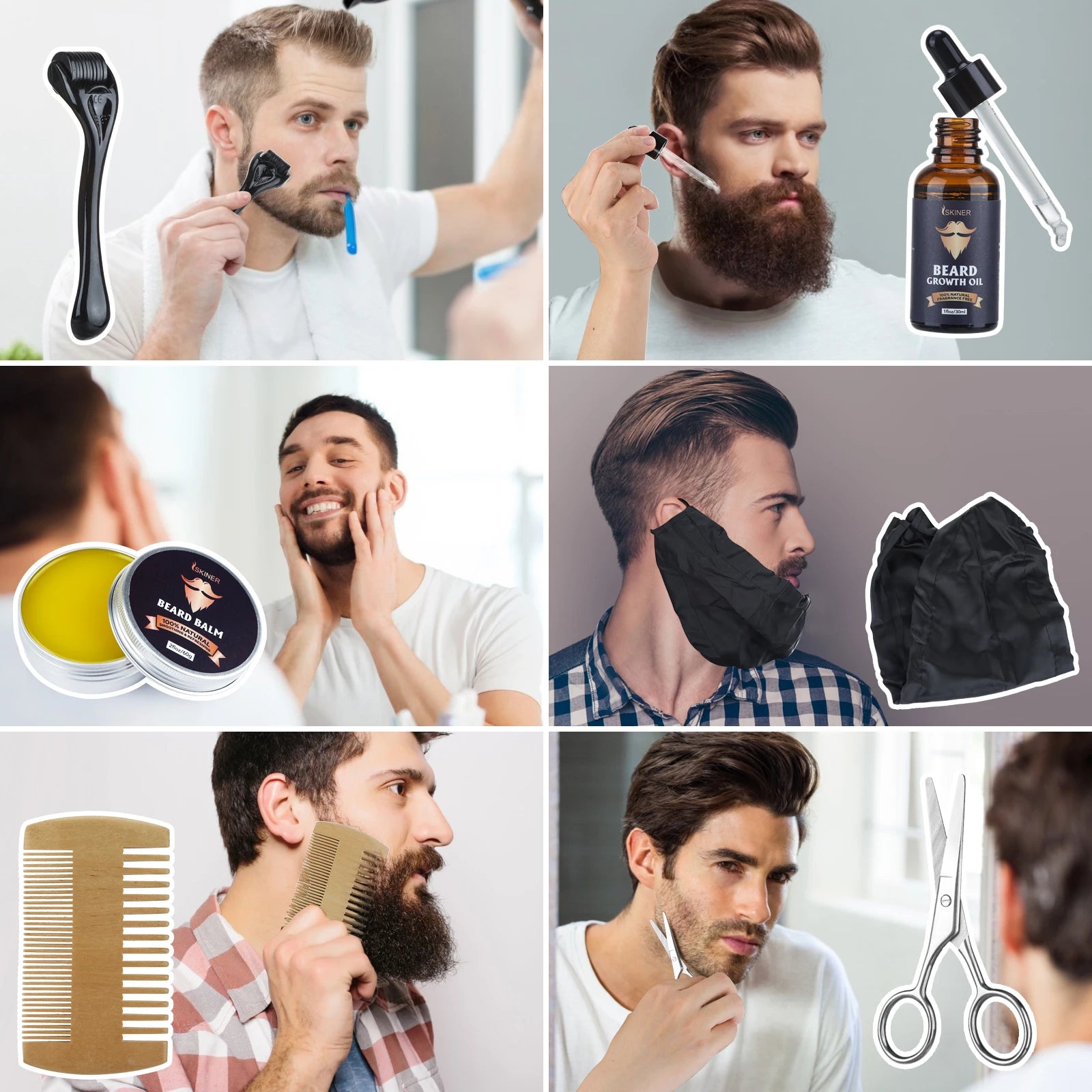 5pcs Beard Growth Kit Men Barbe Hair Enhancerbeard Essentiall Oil Beard care Leave-in Conditioner,Double Sided Comb Beard Cream