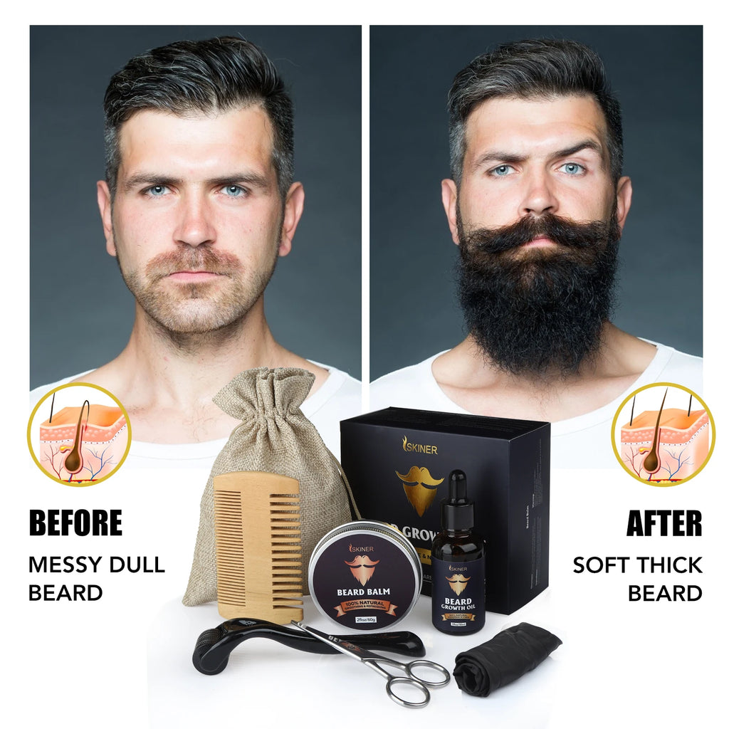 5pcs Beard Growth Kit Men Barbe Hair Enhancerbeard Essentiall Oil Beard care Leave-in Conditioner,Double Sided Comb Beard Cream