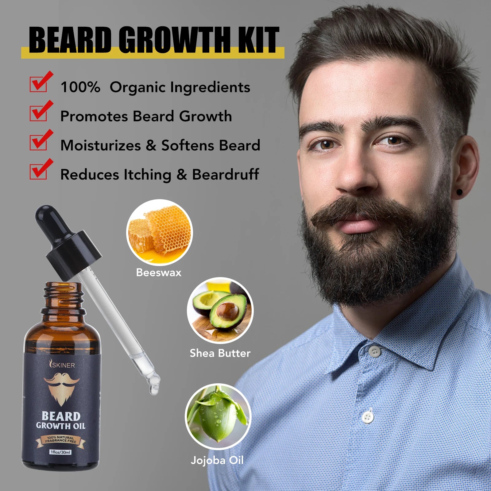 5pcs Beard Growth Kit Men Barbe Hair Enhancerbeard Essentiall Oil Beard care Leave-in Conditioner,Double Sided Comb Beard Cream
