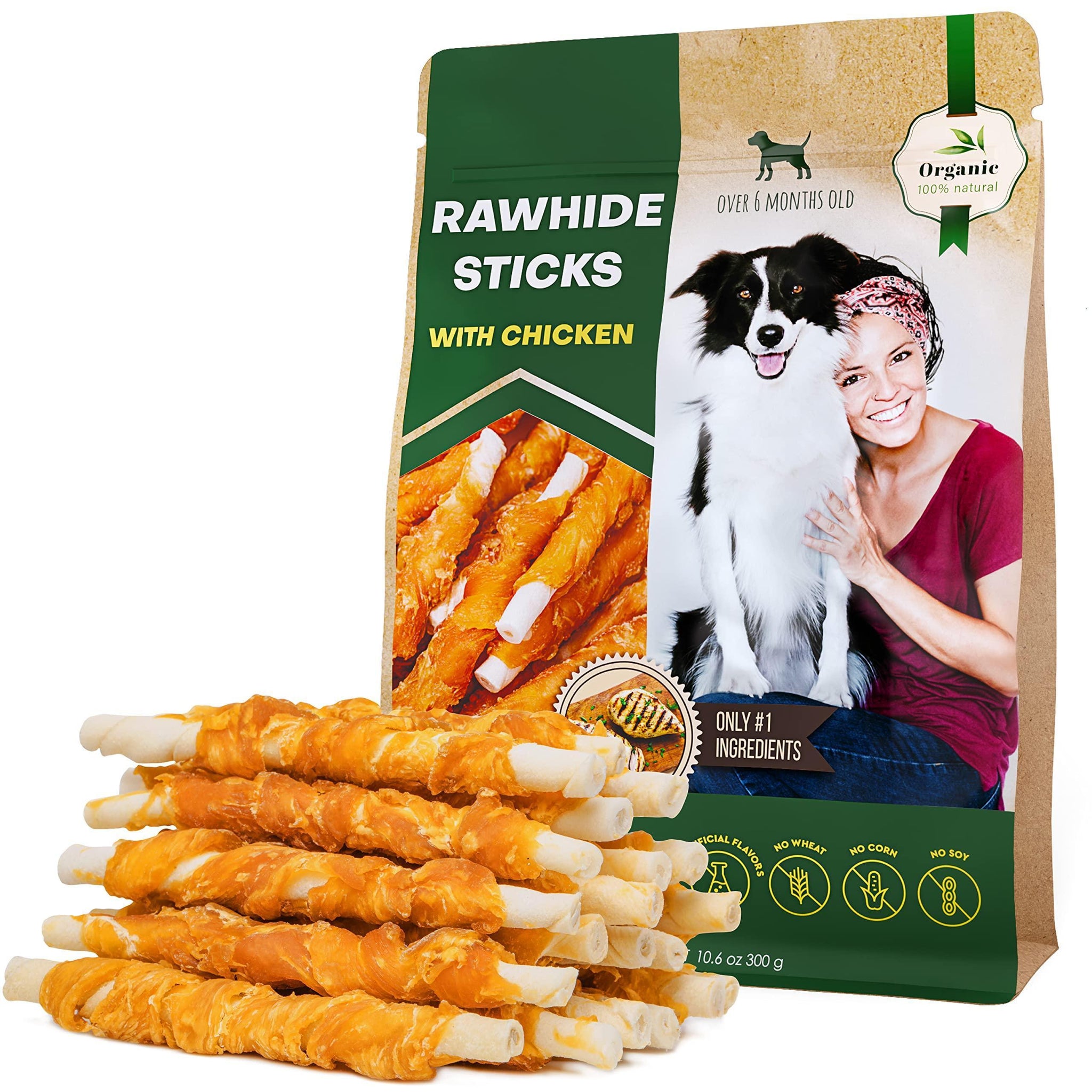 Chicken-Wrapped Rawhide Dog Sticks - Grain Free Treats
