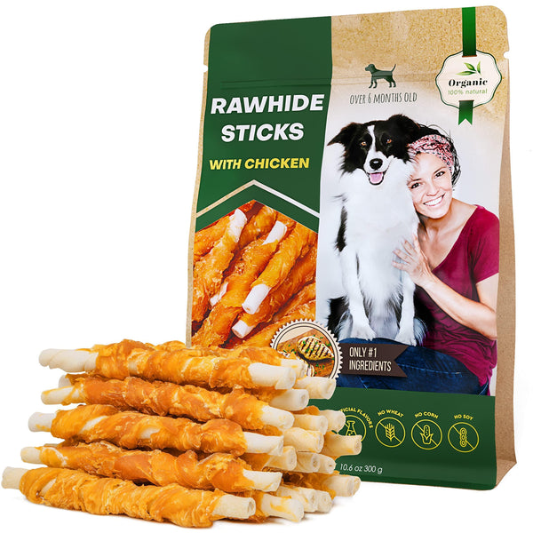 Chicken-Wrapped Rawhide Dog Sticks - Grain Free Treats