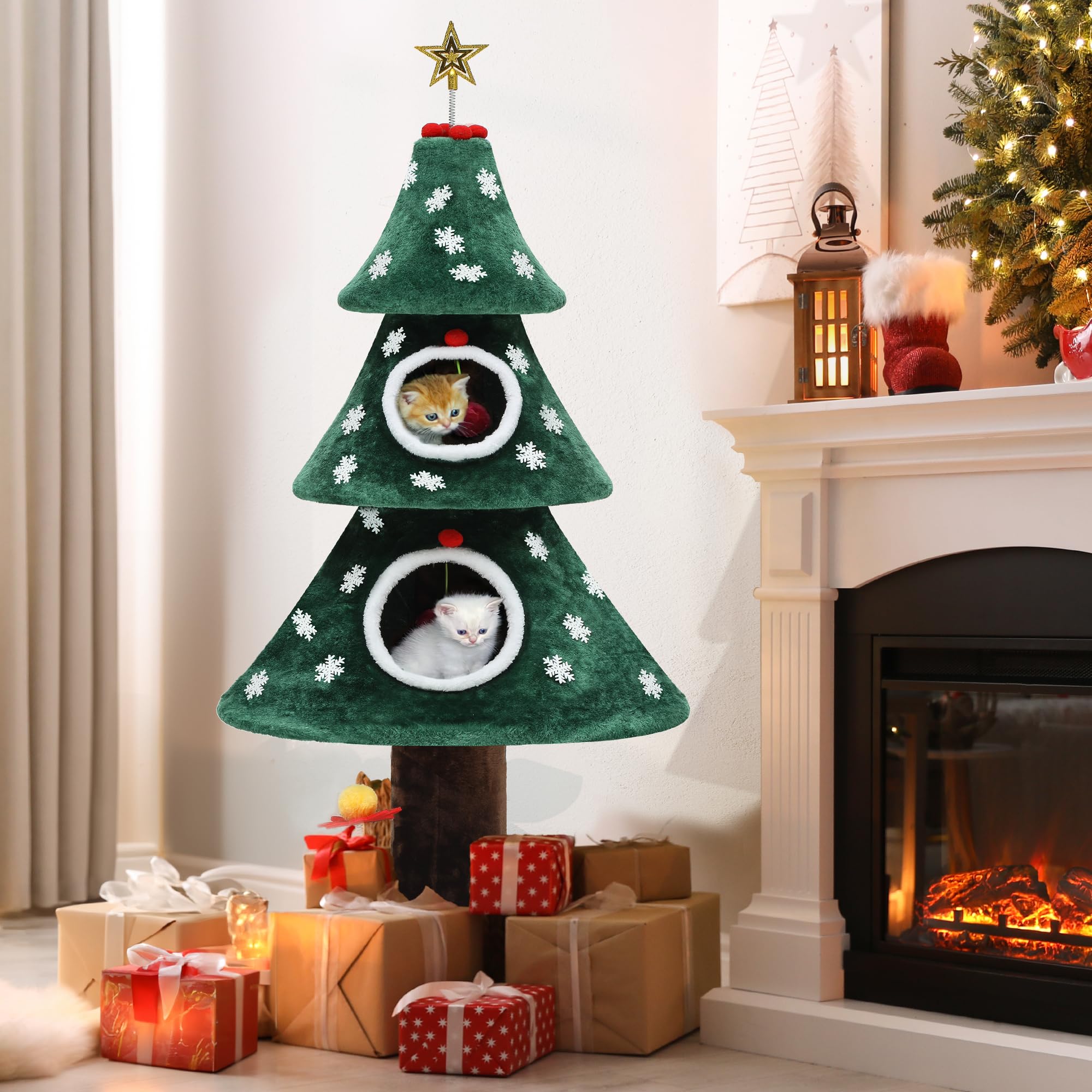 Festive Feline Tower with Dual Cat Houses